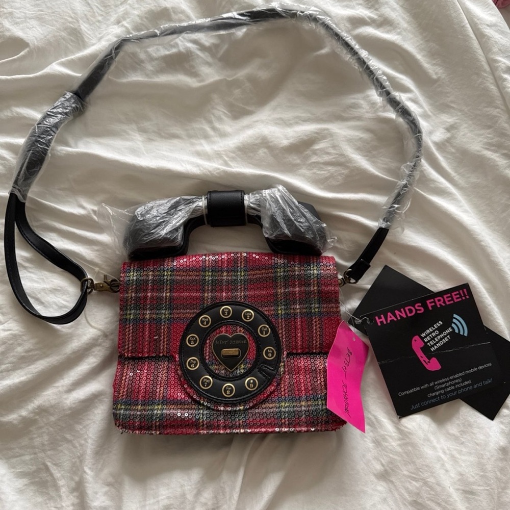 Plaid Betsy Johnson ANSWER ME Handbag with Phone Dial Design